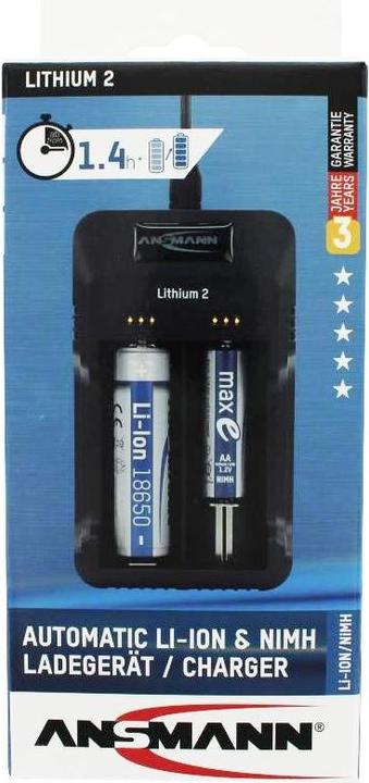 Actual product image Ansmann Charger Lithium 2 for 1-2 Li-Ion battery 3.6V, 3.7V with LED charge status indicators, black (1 pcs., Chargers without battery)