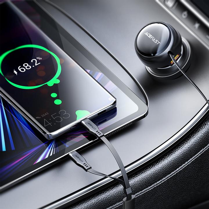 Actual product image Acefast Car Charger B13, 53W, 2xUSB-C, with retractable cable (black)