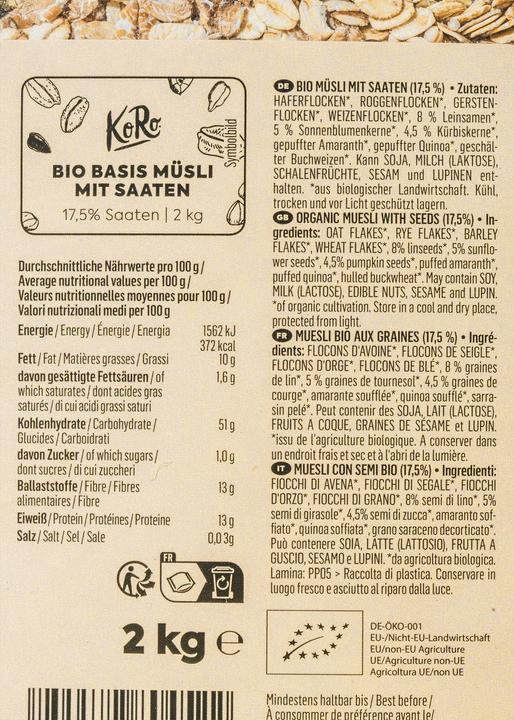Nutritional values and ingredients KoRo Organic muesli with seeds (17.5 %) (2000 g)