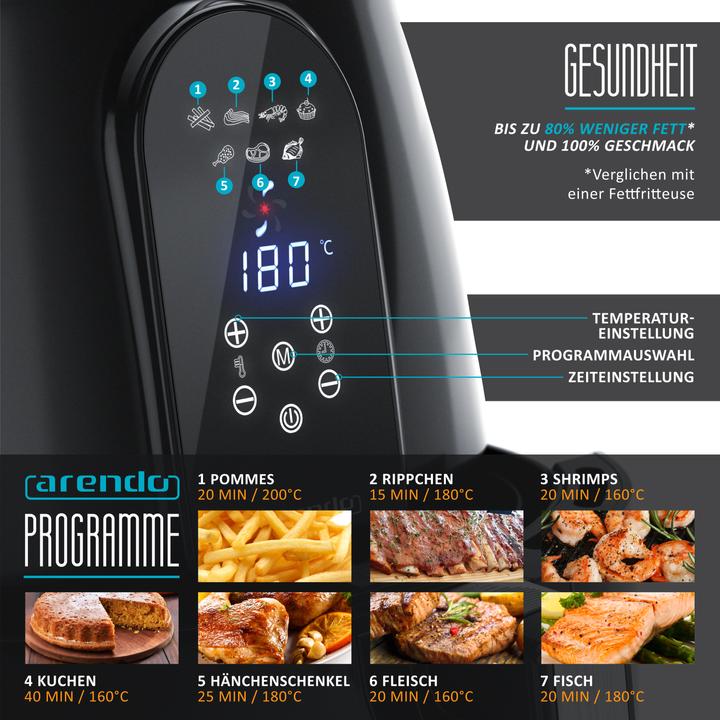 Immagine prodotto Arendo Heissluftfritteuse XXL Airfryer 5,2 L, bis 200 Grad, 3D Umluftsystem, Display, 1800 W, Fritteuse (Spina CH)