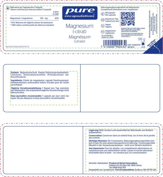 Nutritional values and ingredients Pure encapsulations Magnesium (-citrate) (90 Piece, Capsules, 109 g)