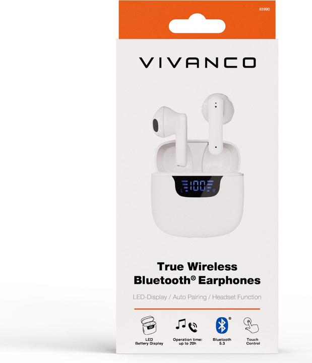 Produktbild Vivanco TWS Bluetooth Kopfhoerer mit LED-Display Case, weiss (180 h, Kabellos)