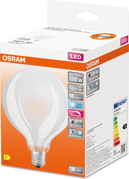 Actual product image Osram LED Globe Lamp Superstar Plus matt E27 Filament 11W 1521lm neutral white 4000K dimmable 90Ra wi (E27, 11 W, 1521 lm, 1 x, D)