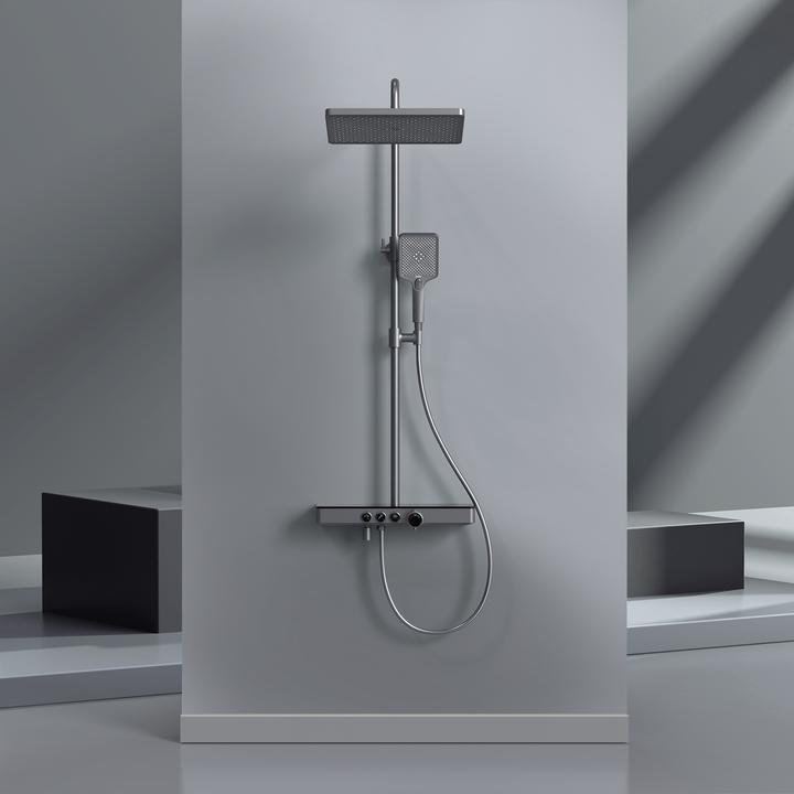 Actual product image Emke Thermostatic Shower System with Overhead Rain Shower, Hand Shower, and Lower Outlet, Black Metal