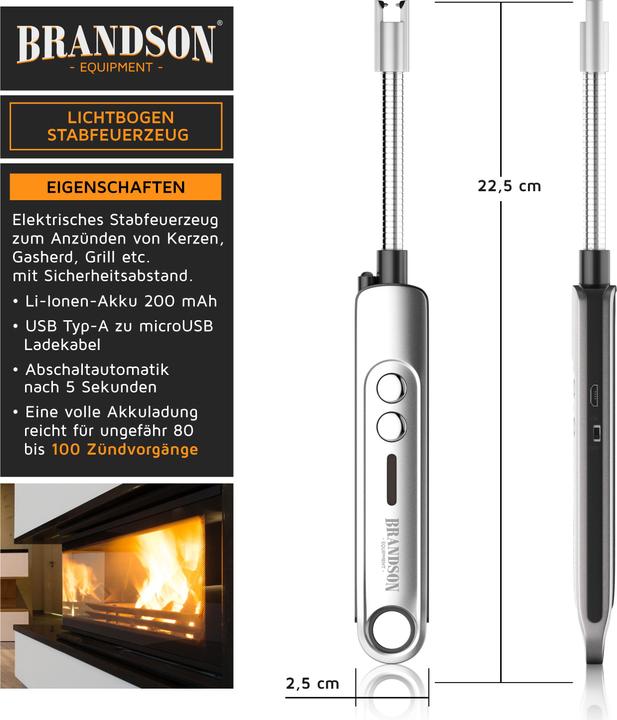 Produktbild Brandson Stabfeuerzeug Lichtbogen Feuerzeug elektrisch, USB aufladbar, Kerzenanzünder für Kerze, Grill, Kamin