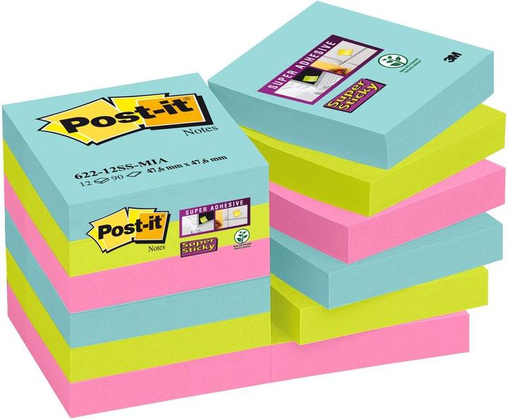 Produktbild Post-it Super Sticky Miami Haftnotizen extrastark farbsortiert 12 Blöcke (47.6 x 47.6 mm)