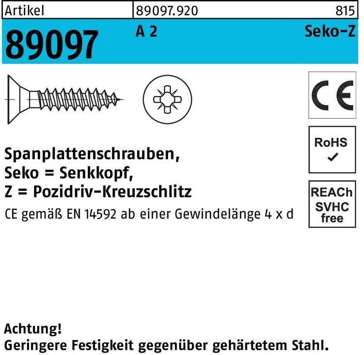 Productafbeelding Spaanplaatschroef R 89097 SEKO kruisgleuf-PZ VG 6 x 80 -Z A 2 (200 Schroeven per stuk)