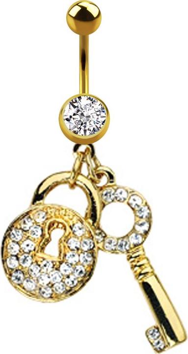 Star Piercing Banane 14k vergoldet mit Kugel und Kugel Kristall silber Anhänger Schloss und Schlüssel (Chirurgenstahl 316L, Messing)