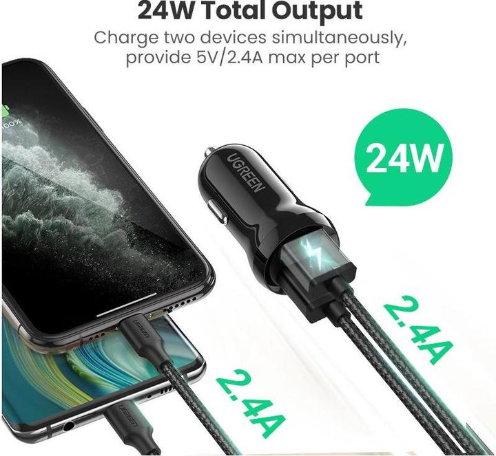 Actual product image Ugreen car charger ED018, 2x USB, 24W (black)