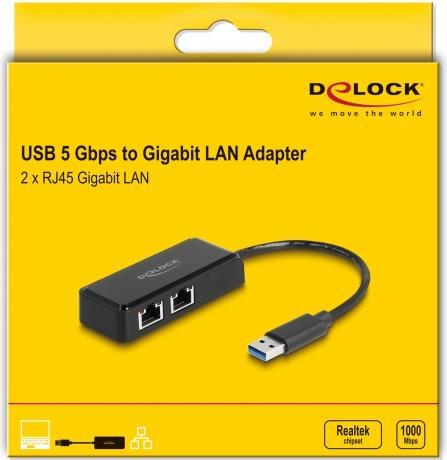 Actual product image Delock USB Type-A adapter to 2 x Gigabit LAN (USB-C 3.2 Gen 1, RJ45 (2x))