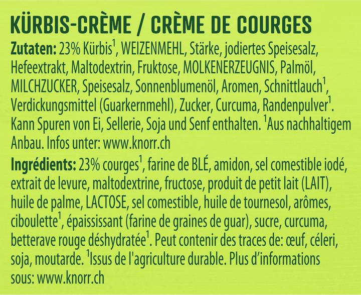 Nährwerte und Zutaten Knorr Kürbiscrème Suppe Beutel, Kürbissuppe extra crèmig mit Kürbisstückchen, einfach zubereitet (1000 ml)