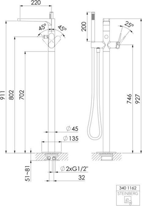 Produktbild Steinberg Serie 340 Wannenarmatur, freistehend, für UP-Einbaukörper, Ausladung 220mm, Höhe 927mm