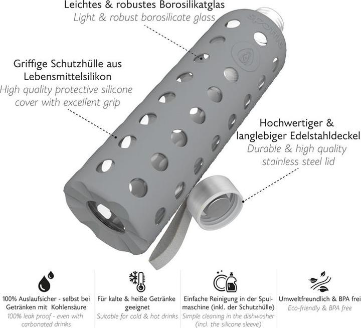 Produktbild Spottle Glasflasche mit Silikonhülle von grau 1Liter (1 l)