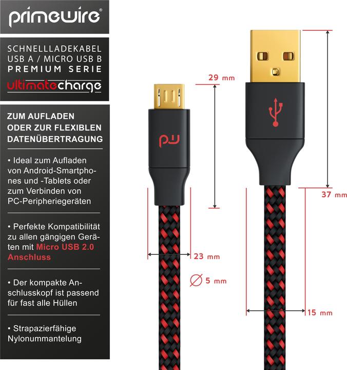Actual product image Primewire Micro USB 2.0 to USB Type A Cable, UltimateCharge MicroUSB 2.0 Fast Charging Cable with Data (2 m, USB 2.0)