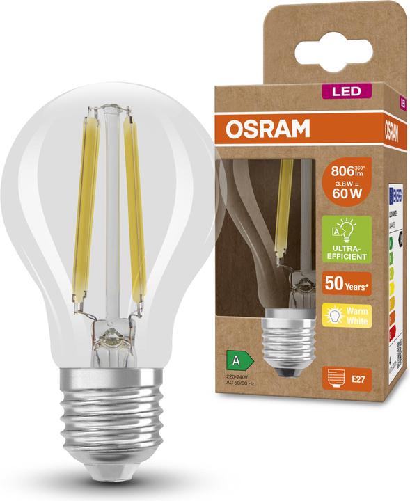 Image du produit Osram AMPOULES LED CLASSE ÉNERGIE A CLASSIC A 60 CL 4 W/3000 K E27 FIL (E27, 4 W, 806 lm, 1 x, A)