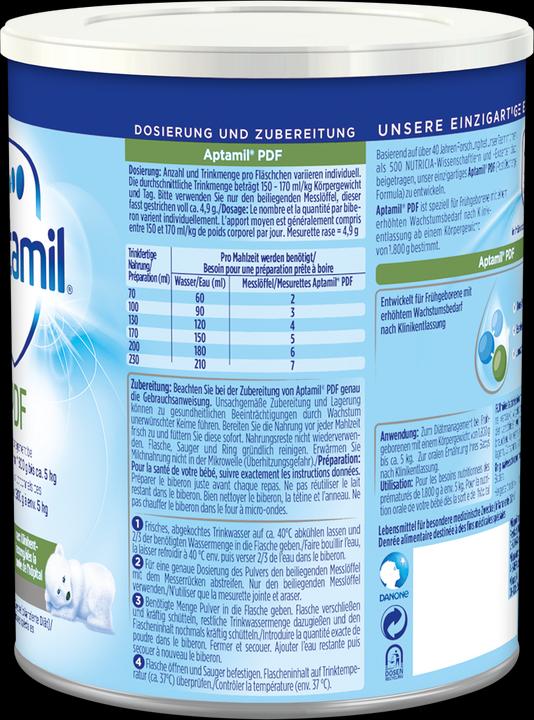 Nährwerte und Zutaten Aptamil PDF Spezialnahrung (400 g, ab Geburt)