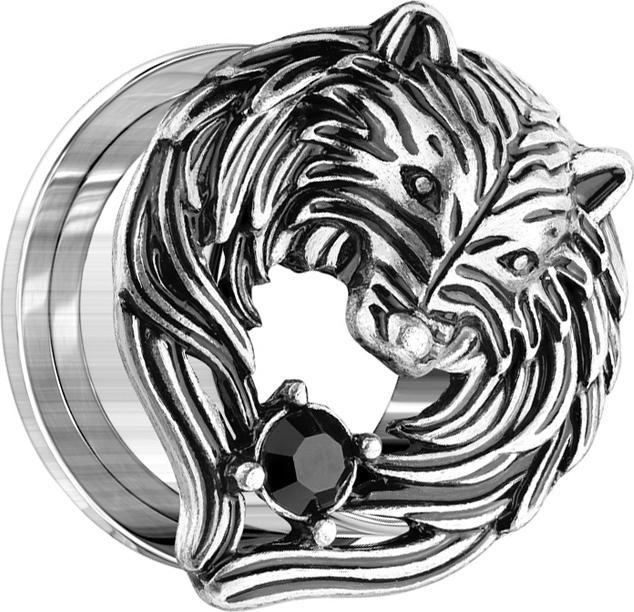 Star Piercing Flesh Tunnel altsilber Wolf mit Kristall (Messing, Chirurgenstahl 316L)