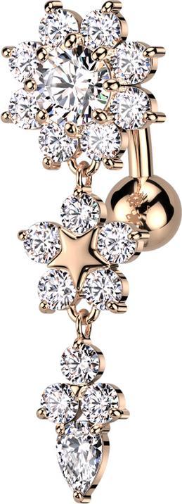 Star Piercing Banane rosegold mit Kugel Anhänger zwei Blumen und Blatt Kristalle silber (Messing, Chirurgenstahl 316L)