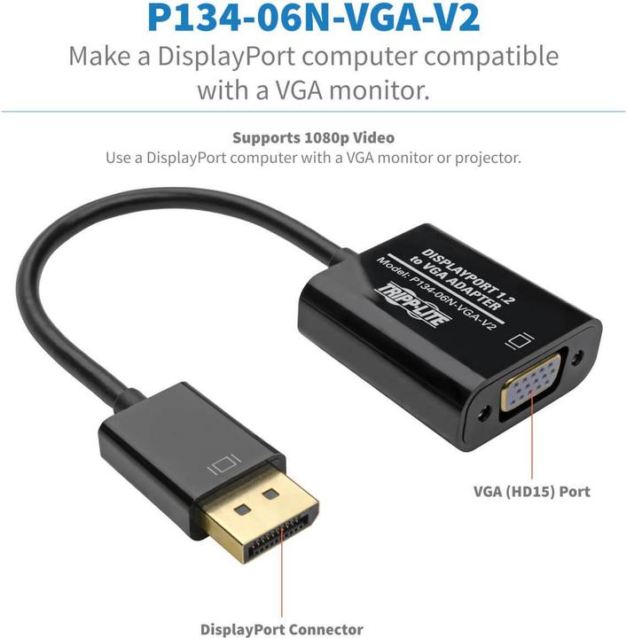 Produktbild Eaton DisplayPort to VGA Active Adapter Video Converter DP ver 1.2 M/F 6inch 15.24cm (VGA, 4.19 cm)