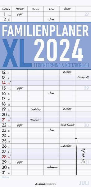 Produktbild Alpha Edition Familienplaner XL 2024 mit 5 Spalten - Familien-Timer 22x45 cm - Offset-Papier - mit Ferienterminen (22 x 45 cm, Deutsch)