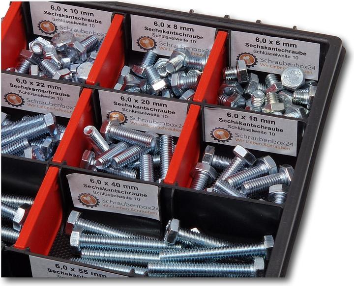 Actual product image Schraubenbox24 Hexagon bolts assortment M6 // 6mm-60mm 200 pcs screw box DIN 933/ISO4017 (200 Screws per piece)