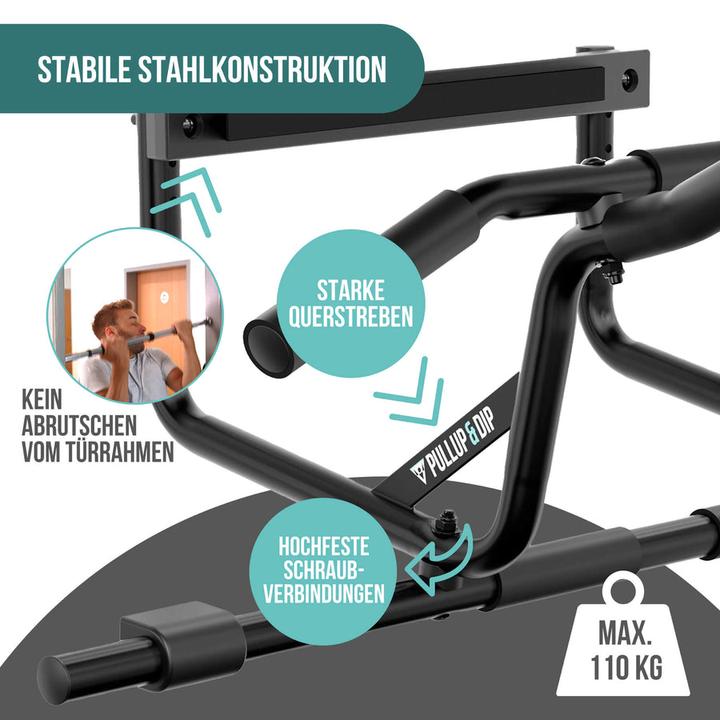 Produktbild Pullup & Dip Klimmzugstange Tr zum Einhngen im Trrahmen ohne Abrutschen, inkl. Klimmzug Band