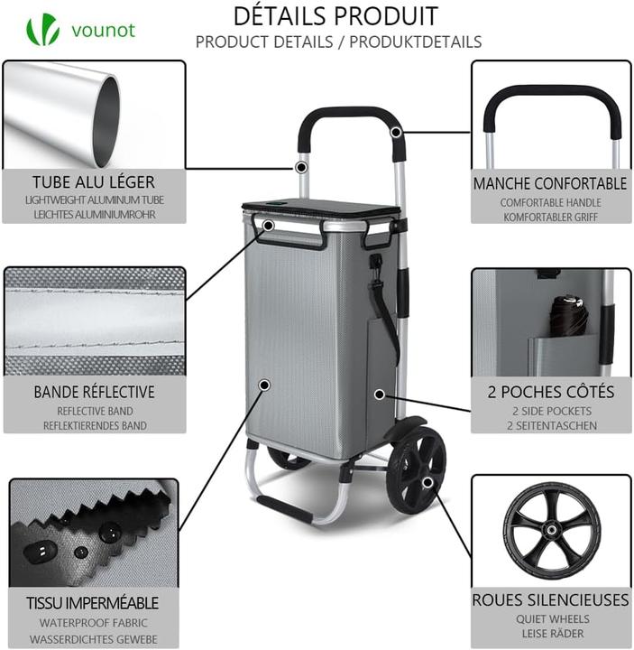 Image du produit Vounot Faltbarer Einkaufstrolley mit Kühlfach und Treppensteiger-Funktion