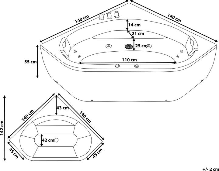 Produktbild Beliani Whirlpool Badewanne schwarz Eckmodell mit LED 140 x 140 cm MEVES (270 l, 140 cm, 140 cm)