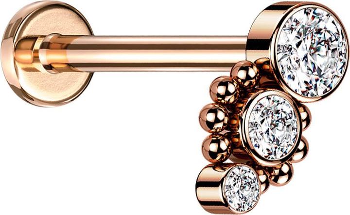 Star Piercing Micro Labret Innengewinde rosegold acht Kugeln drei Kristalle silber (ohne Messing, Chirurgenstahl 316L)