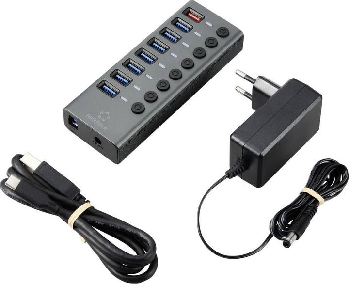 Produktbild Renkforce RF-HUB-380 8 Port USB 3.2 Gen 1-Umschalter + Hub (USB 3.0) mit Aluminiumgehäuse Silber-Sc (USB-A, 8 Ports)
