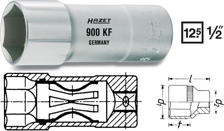 Produktbild HAZET Zündkerzen Steckschlüsseleinsatz 900KF ∙ Vierkant12,5 mm (1/2 Zoll) ∙ Aussen Sechskant Profil …