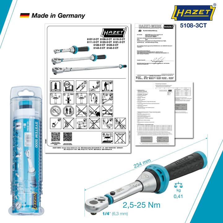 Actual product image HAZET Torque wrench 5108-3CT ∙ Nm min-max: 2.5 - 25 Nm ∙ Tolerance: 3% ∙ Square, solid 6.3 mm (1/4 … (1/4", 2.50 Nm, 25 Nm)