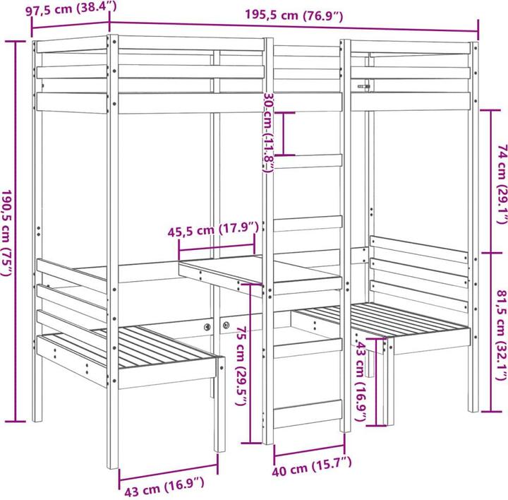 Produktbild VidaXL Hochbett mit Schreibtisch & Stühlen (90 x 190 cm)