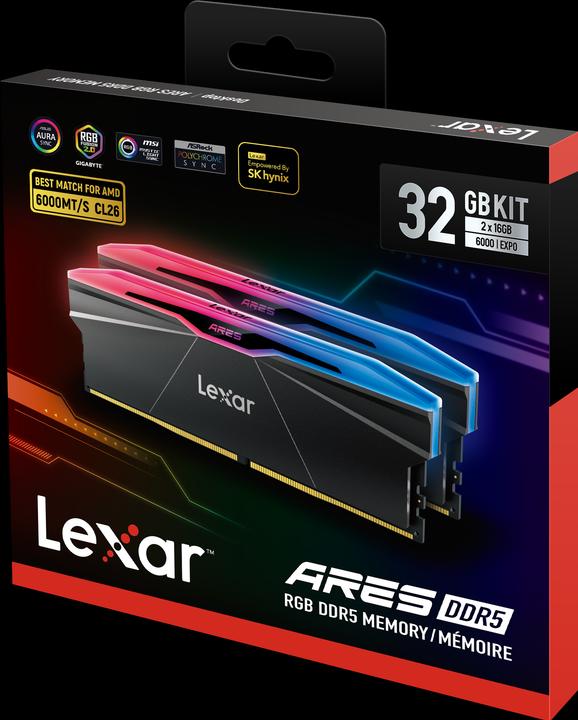 Image du produit Lexar Kit Barrettes mémoire 32Go (2x16Go) DIMM DDR5 Ares RGB 6000MHz (Noir) (2 x 16GB, 6000 MHz, RAM DDR5, U-DIMM)