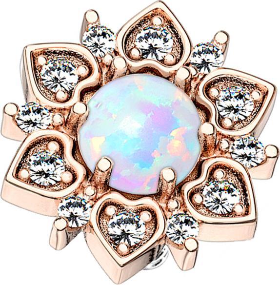 Star Piercing Dermal Anchor rosegold Herzblume mit Opal weiss (Messing, Chirurgenstahl 316L)