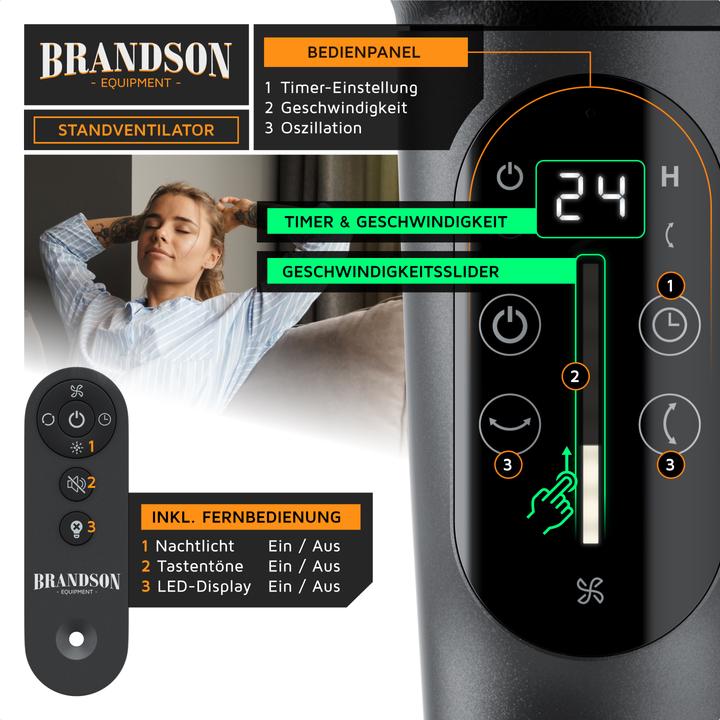 Produktbild Brandson Standventilator, Fernbedienung, leise, DC, 3D Oszillation, 21.5 cm Ø, Nachtlicht, Timer, 24 Stufen (57 dB)
