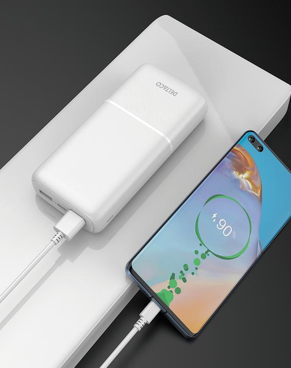 Actual product image Deltaco Powerbank with fast charging, 3 ports, 2x USB-A 18W, 1x USB-C PD 20W, 20,000 mAh black (20000 mAh, 20 W)