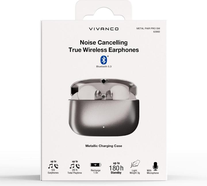 Produktbild Vivanco Noise Cancelling TWS Bluetooth Kopfhoerer, ANC/ENC Funktion, silber metallic (ANC, 5 h, Kabellos)