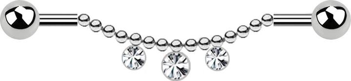 Star Piercing Barbell silber zwei Kugeln Kette drei Kristalle sillber (Chirurgenstahl 316L)