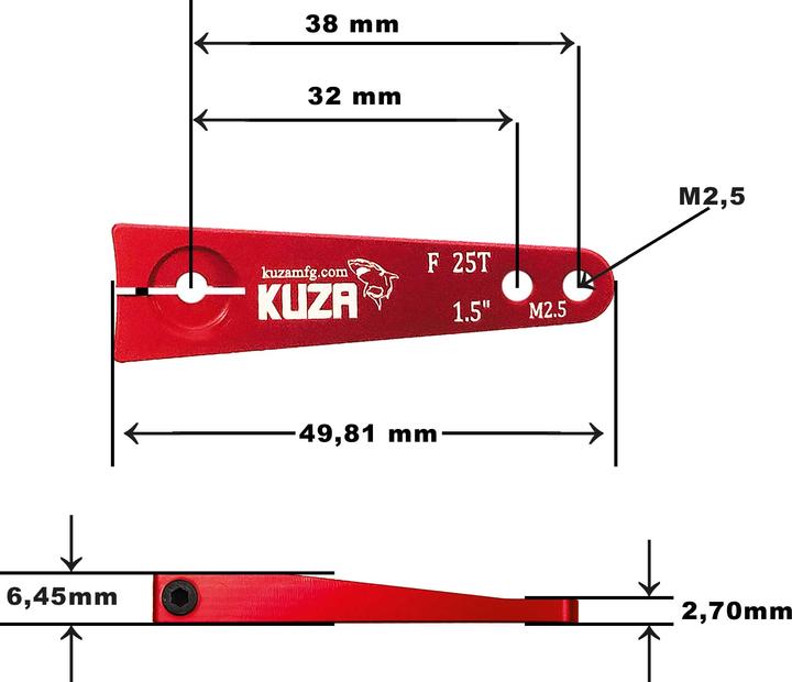 Actual product image Kuza Servo Arm 1-Arm Futaba 25T 38/32mm 1.5" M2.5 Heavy Duty V2 Aluminium