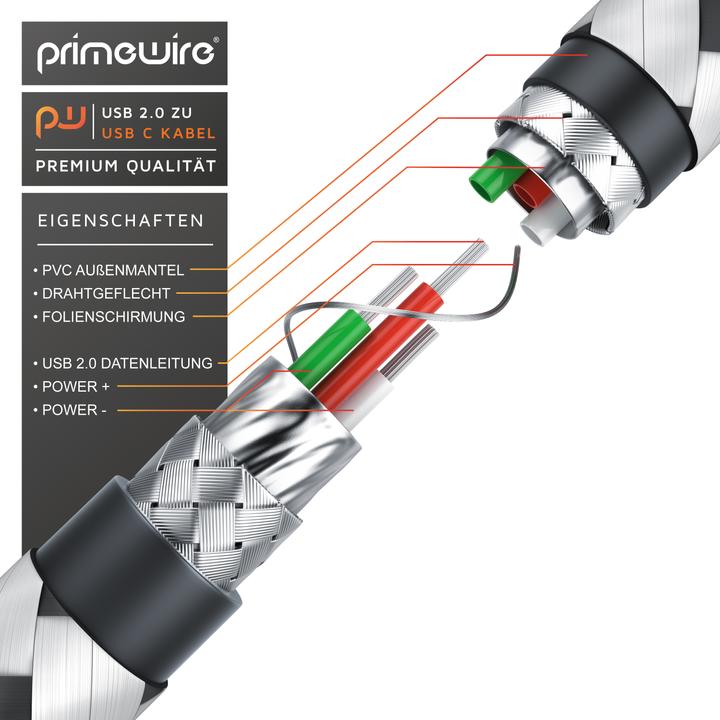 Produktbild Primewire USB-C 3.1 Kabel - Typ C zu Typ A Datenkabel, Ladekabel - Nylonmantel - bidirektional - Geschirmt (2 m, USB 2.0)