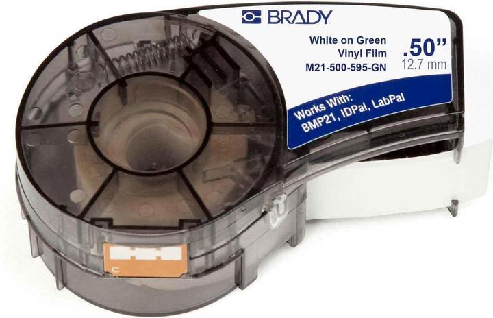 Actual product image Brady M21-500-595-GN-WT, vinyl, white on green, 12.7mm x 6.4m, permanent, continuous (1.27 cm)