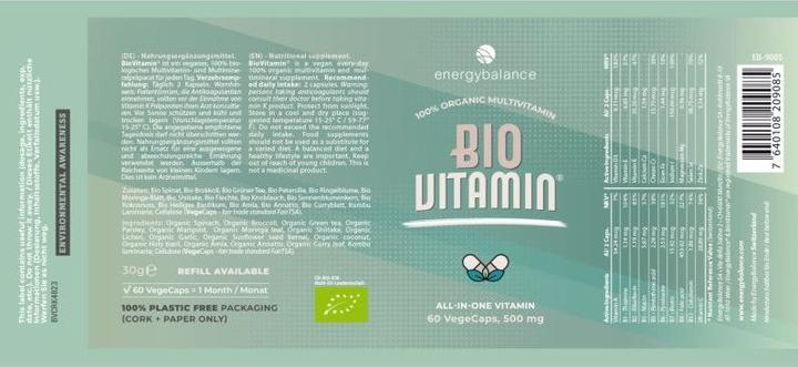 Produktbild Energybalance Bio Vitamin Nahrungsäquivalentes Multivitaminpräparat 500mg (60 Stück, Kapseln, 500 g)