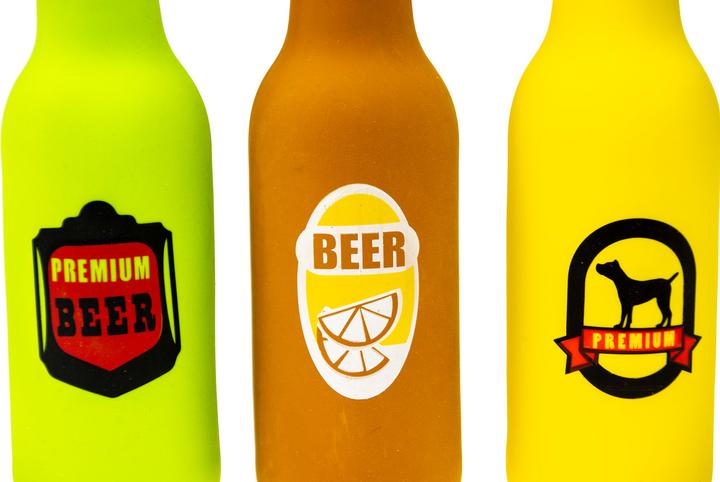 Actual product image Karlie Latex Dog Toy beer bottle with squeaker in display