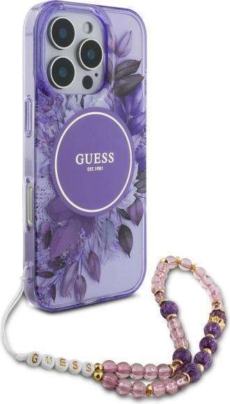 Actual product image Guess GUHMP16XHFWBRCESU iPhone 16Pro Max 6.9" fioletowy/purple hardcase IML Flowers With Pearl Strap (Apple iPhone 16 Pro Max)