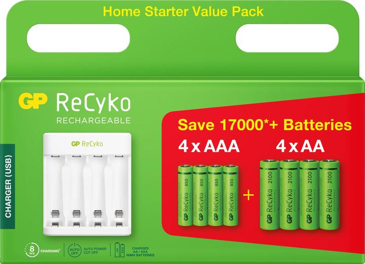 Actual product image GP Batteries ReCyko E111 4-Port USB Charger. + 4xAA 2100mAH + 4x AAA 800mAh (8 pcs., AAA, AA, 2100 mAh, Rechargeable battery)