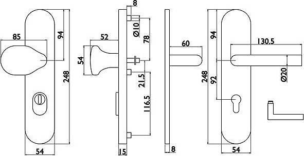 Produktbild Universal Textiles Edelstahl Schutzbeschlag 92mm, ES1, ZA, DG G-Form (Türgriff)