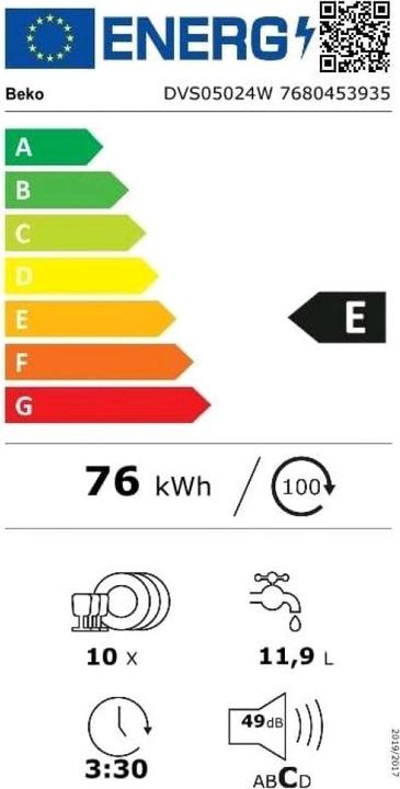 Energy Label Beko Dishwasher DVS05024W