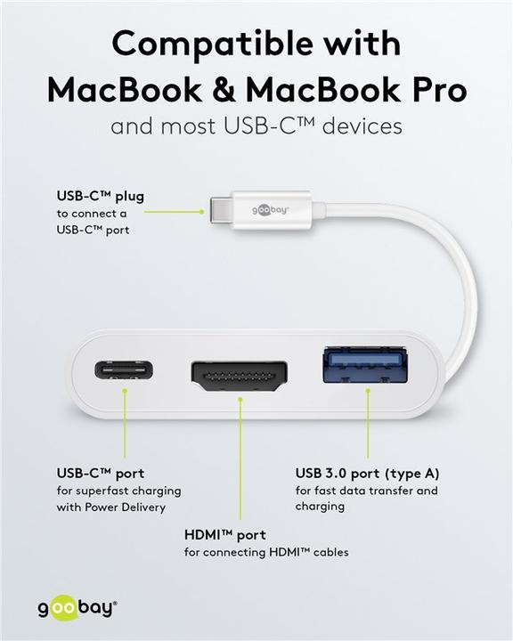 Actual product image Goobay USB-C™ Multiport Adapter HDMI, White, 0.15 m (USB-C, 3 Ports)