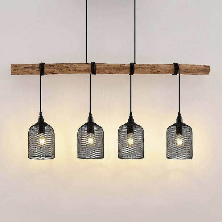 Produktbild Lindby Elrond 4 Pendelleuchte Black/Wood (E27)